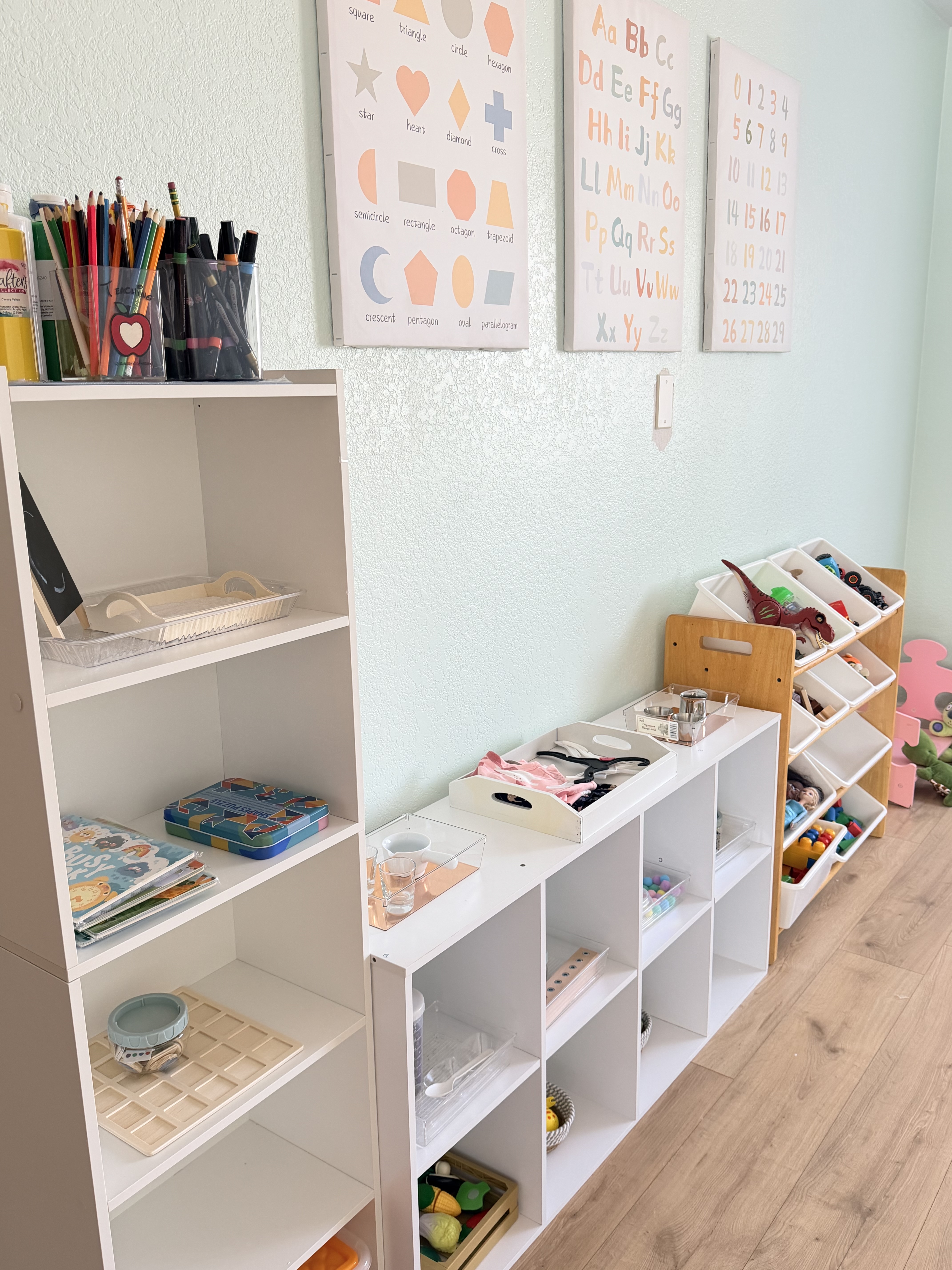Learning shelves and art supplies